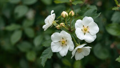 Delicate white rosehip blossoms in nature with gentle blur