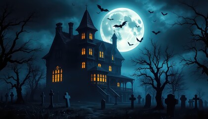 Spooky night featuring a haunted house illuminated by eerie light with bats flying in front of a bright full moon surrounded by a graveyard