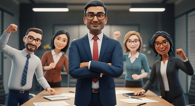 Confident businessman standing with colleagues in modern office environment