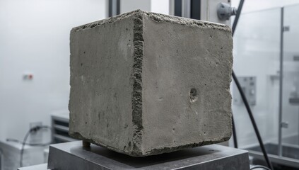 Concrete cube specimen for compressive strength testing, pressure application, laboratory assessment