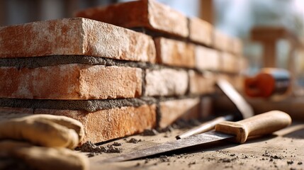 handyman. Stacked brick wall section with fresh mortar lines and construction tools nearby in morning light. real-estate listings.