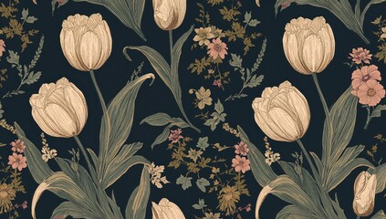Floral seamless design featuring large blooms and leaves on a dark backdrop, suitable for editorial header background