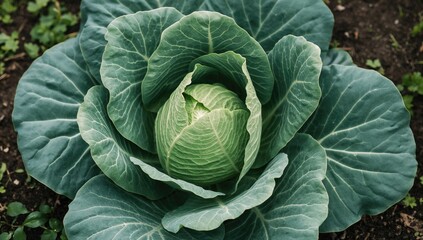 Detailed view of a flourishing cabbage with lush green leaves amidst soil and tiny weeds in a garden setting.