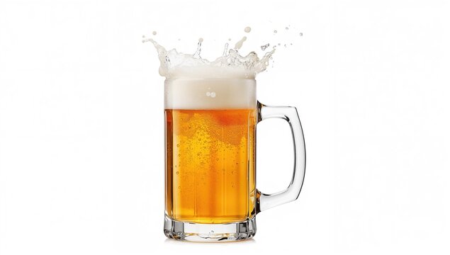 Mug filled with lager beer splashing on a white backdrop. Alcoholic beverage for pub setting