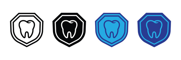 Set of four tooth icons in shield shapes, isolated on white background
