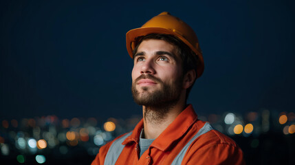 Construction Worker in Hard Hat Gazing at Night City Skyline