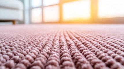Fototapeta premium Textured Carpet in Interior: Close-up of a soft, textured carpet in a modern interior setting, bathed in the warm glow of sunlight.