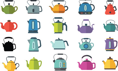 Colorful kettle collection, electric and stovetop teapots, modern kitchen appliance icons, household cookware set, isolated vector illustration for design
