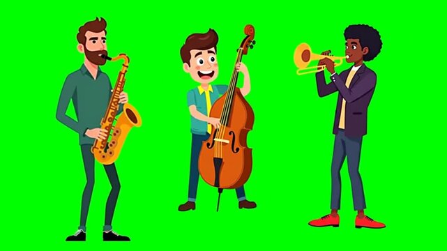 A jazz trio plays at a concert. Chromakey, footage, mockup, green screen, loop, cartoon style