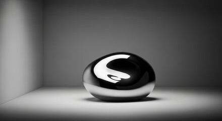 Abstract Chrome Sphere Reflecting Light in a Gray Corner Room Modern Art Metallic Sculpture Smooth Surface Minimalist Still Life