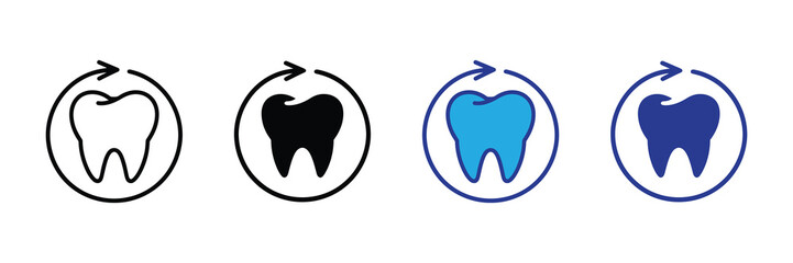 Set of four tooth icons with circular arrows, isolated on white background