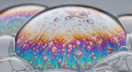 Iridescent Soap Bubbles Surface Reflecting Light Displaying Interference Pattern Macro Close Up Colorful Swirls Textures Film Structure Abstract Background