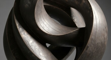 Abstract Metal Sculpture With Intertwined Twisted Forms and Linear Perforation Showing Texture and Depth in a Studio Setting