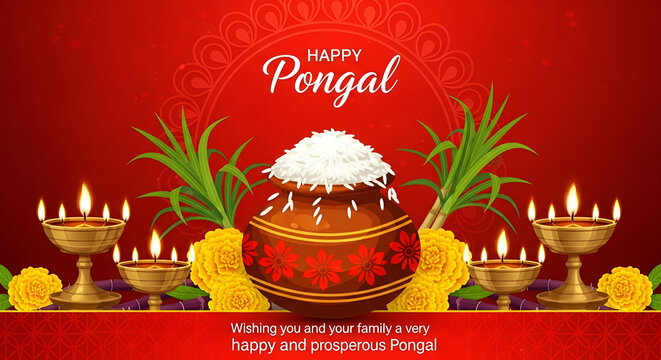 Poster design with gold diyas, traditional pot and rangoli for Indian harvest festival Pongal (Makar Sankranti). Vector illustration