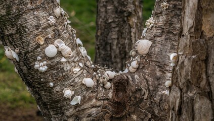 Beautiful Tree Barks Accompanied by Sea Shells, Natural Textures for Background Use
