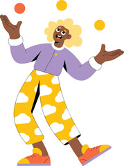 Juggling character illustration, curly hair person, playful pose, vibrant outfit, dynamic movement, orange sneakers, cloud pants, fun activity, cartoon style, vector art, stock design