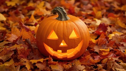 Jack-o'-lantern glowing among fall foliage