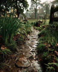 Rainy Season and Fresh Soil Mood Photography Serene pathway lined with lush greenery and flowers.
