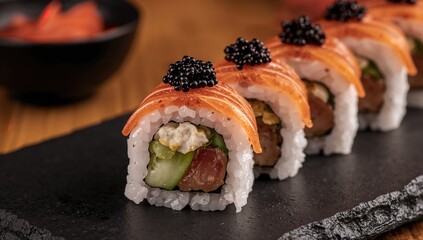 Close-up of sushi rolls featuring eel, cream cheese, cucumber, and black caviar on a dark stone surface