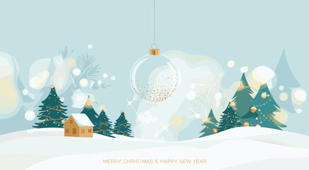 Winter holiday landscape, Christmas cabin, pine trees with lights, festive ornament, snow hills, golden glitter, seasonal greeting, serene nature, magical atmosphere