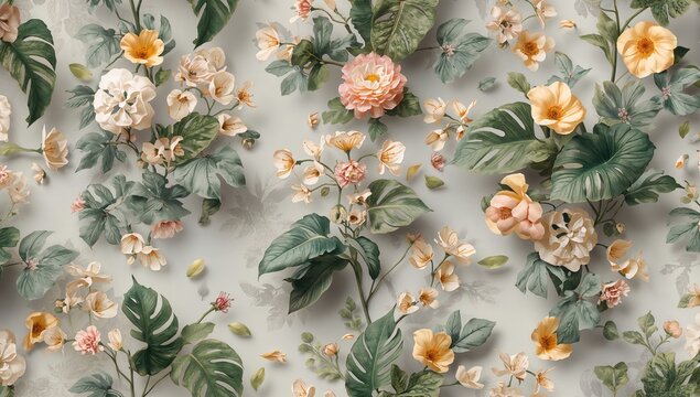 Floral seamless design featuring split-leaf Philodendron and Brugmansia against a light gray background, suitable for editorial use