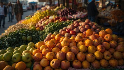 Vibrant assortment of fruits and vegetables displayed at an outdoor market, fresh produce selection