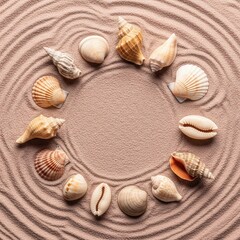 Seashell Circle on Sand Top View Beach Theme Natural Texture Ocean Shore