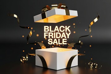 Exploding black friday sale gift box with golden light and confetti celebrating a huge shopping event and special discounts