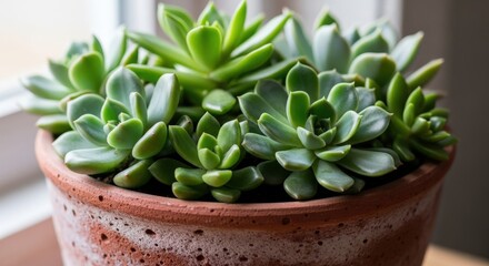 Succulent Plant in Clay Pot Close Up Indoor Garden Home Decoration Green Leaves Echeveria Elegans Natural Light Botany Gardening