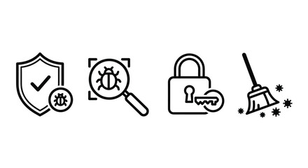 Cybersecurity icons shield bug lock broom malware protection data security cleaning and prevention vector
