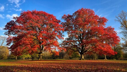 Fototapeta premium Vibrant red leaves of oak trees against a clear sky, seasonal change