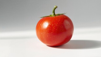 A single fresh chilled red plum tomato with water droplets on a white backdrop