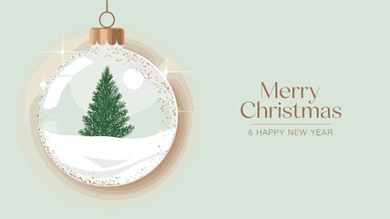 Christmas ornament with pine tree, winter snow landscape, festive decoration, holiday greeting card design, Merry Christmas and Happy New Year vector illustration