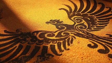 immortality. Phoenix pattern made of colored sand rising from warm ashes. event programs, museum guides, designed for cultural heritage projects and event programs, elevates cultural identity.