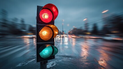 asphalt. Urban traffic light transitioning from red to green at dusk, wet asphalt reflecting lights. mobility guides, transit brochures, designed for transport & logistics marketing.