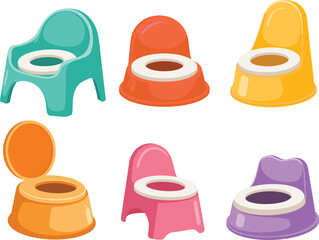 Colorful children's potty chairs set, baby toilet training seats, plastic toddler potties with lids, backrests, armrests, cute designs, isolated vector