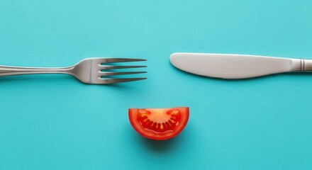 Tomato Slice with Silverware Flat Lay on Aqua Background Still Life Food Photography