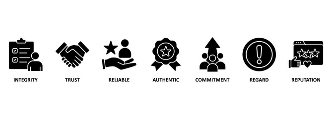 credibility, reputation and trust concept. Banner with vector illustration icons and keywords