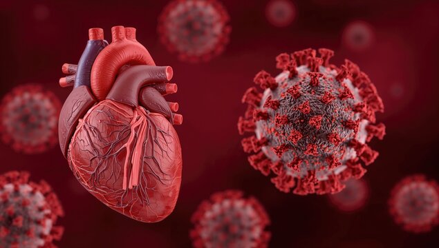Medical banner showing heart failure symptoms linked to COVID-19 and cardiovascular disease, with a panoramic view of stroke and blood clot risks associated with the virus.