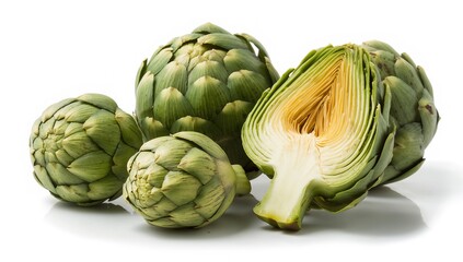 Obraz premium Artichoke flower buds and their cross-section displayed on a white background, fiber-dense choice