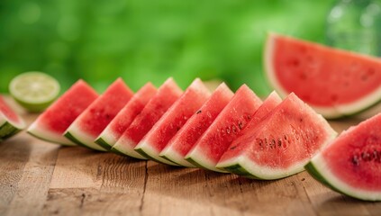 Colorful watermelon pieces on a wooden table with summer vibes