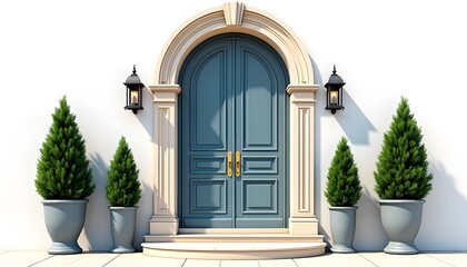 An elegant arched doorway with double blue doors and potted evergreen trees
