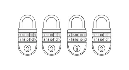 Four combination padlocks lined up security symbols digital access metal locks safety devices vector