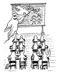 Ghost school, funny Halloween sketch. Hand drawn black vector.