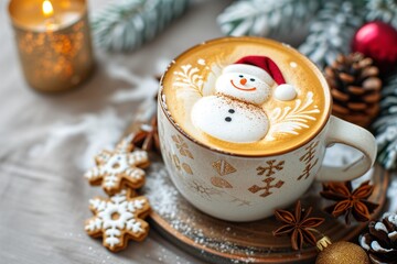 Hot drink with snowman latte art