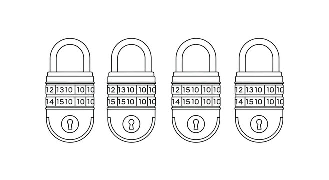 Four combination padlocks lined up security symbols digital access metal locks safety devices vector