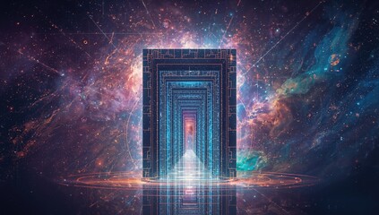 A representation of cosmic gates featuring various quantum planes, densities, and dimensions, showcasing the complexity of the universe