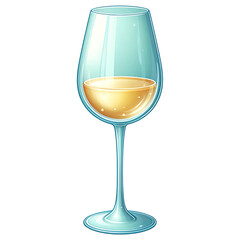 A cartoon glass of white wine filled with bubbles has a thin stem and a wide bowl. On a white background, this image creates an elegant and fresh atmosphere.