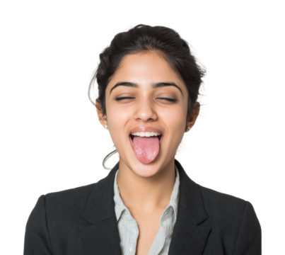 Playful businesswoman sticking tongue out office portrait isolated on transparent background
