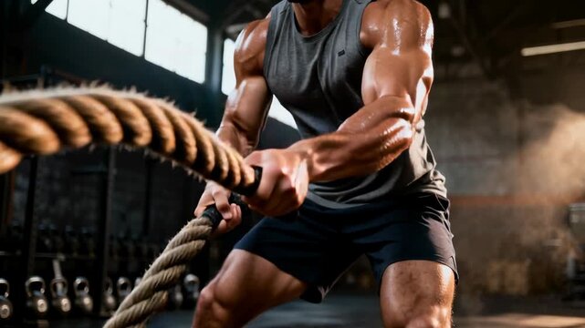 Muscular man training with battle ropes during an intense strength workout in a crossfit gym.